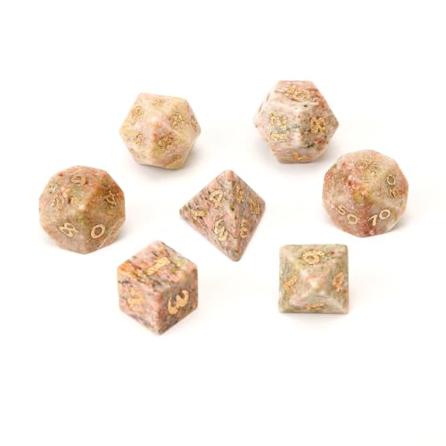 LWQCHW Kristallwürfel-Set, 7-teilig, polyedrische Edelsteinwürfel für DND für RPG-Spiele mit Aufbewahrungsbox (Unakite) von LWQCHW