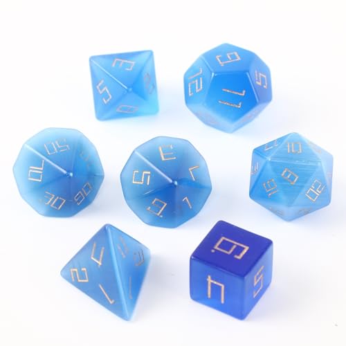 LWQCHW Kristallwürfel-Set, 7-teilig, polyedrische Edelsteinwürfel für DND für RPG-Spiele mit Aufbewahrungsbox (blaues Katzenauge) von LWQCHW