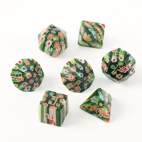 LWQCHW Kristallwürfel-Set, 7-teilig, polyedrische Edelsteinwürfel für DND für RPG-Spiele mit Aufbewahrungsbox (grünes Blumenglas) von LWQCHW