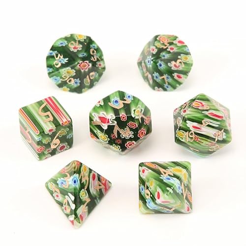 LWQCHW Kristallwürfel-Set, 7-teilig, polyedrische Edelsteinwürfel für DND für RPG-Spiele mit Aufbewahrungsbox (grünes Blumenglas 1) von LWQCHW