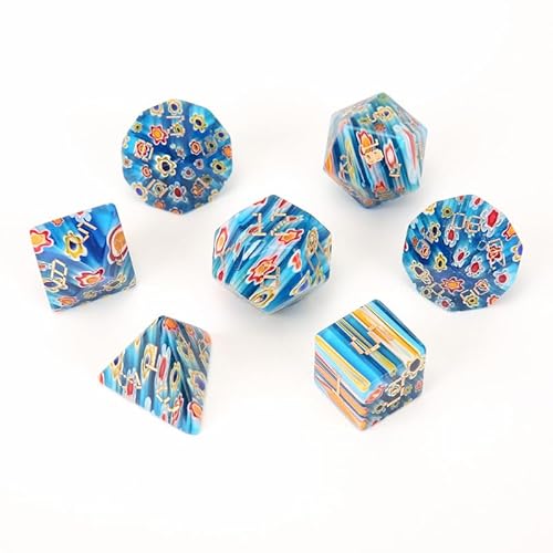 LWQCHW Kristallwürfel-Set, 7-teilig, polyedrische Edelsteinwürfel für DND für RPG-Spiele mit Aufbewahrungsbox (hellblaues Blumenglas) von LWQCHW