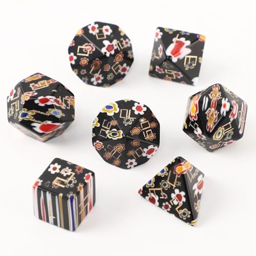 LWQCHW Kristallwürfel-Set, 7-teilig, polyedrische Edelsteinwürfel für DND für RPG-Spiele mit Aufbewahrungsbox (zweifarbiges schwarzes Blumenglas) von LWQCHW
