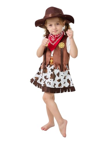 LXKIKMM Cowgirl-Kostüm für Kinder, Western-Thema, Jeansrock, Weste, Set, 3–4 Jahre LXKIKMM Cowgirl-Kostüm für Kinder, Western-Thema, Jeansrock, Weste, Set, 3–4 Jahre von LXKIKMM