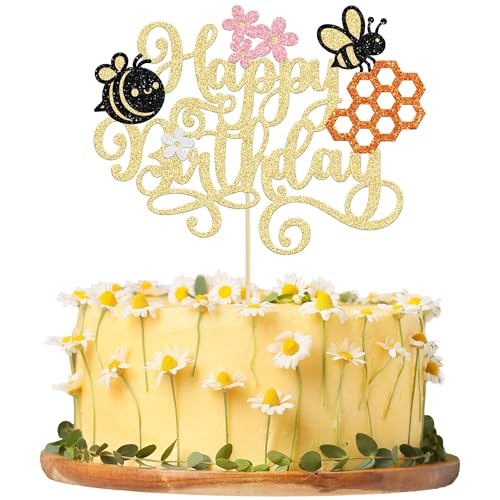 Bee Happy Birthday Tortenaufsatz, 1 Stück Bee Happy Birthday Cake Decoration, Biene Geburtstag Cupcake Toppers, Bee Cupcake Topper, Bienen Geburtstag Tortendeko, Bee Kuchen Dekoration(A) von LXONTSG