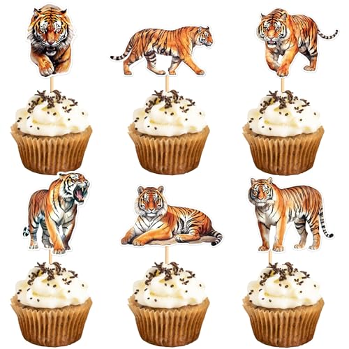 Cupcake Topper Tiger, 24 Stück Tortendeko Waldtiere, Muffin Deko für Geburtstag, Zoo Tier Dschungel Cake Topper, Picker für Kindergeburtstag Party von LXONTSG