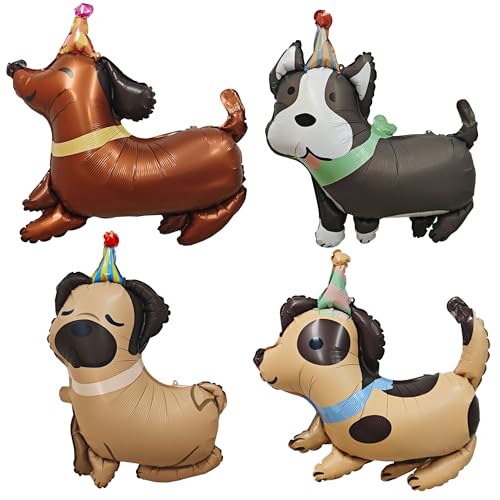 Hund Luftballons Geburtstag, 4 Stück Tiere Luftballon Geburtstag, Hund Folienballon, Tiere Ballon Dekoration, Welpen Folienballon, Party Ballon Tiere, Welpe Luftballon Dekoration(A) von LXONTSG