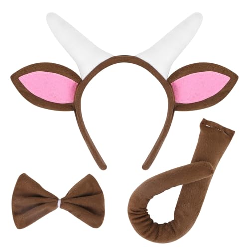 LXONTSG Cosplay Ziege Set, 3 Stück Ziege Cosplay Accessoires, Kinder Cosplay Ziege, Ziege Ohr Stirnband Set, Fliege, Schwanz, Tierohren Stirnband Erwachsene, für Fasching Karneval Halloween von LXONTSG