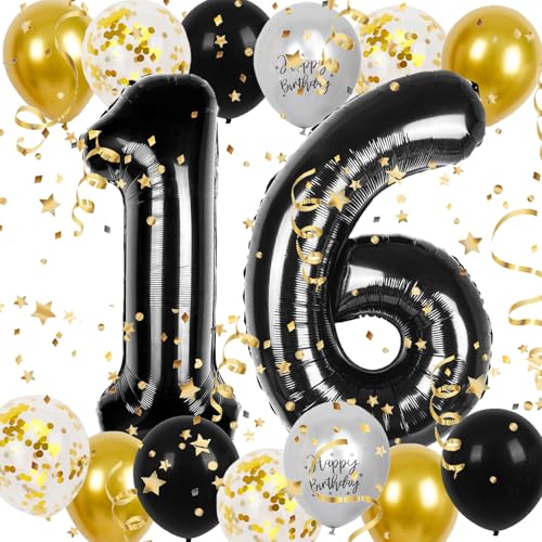 Luftballons 16 Geburtstag Deko Schwarz Gold,Deko 16.Geburtstag Junge Mädchen,16 Geburtstag Deko Junge Mädchen,Folienballon Zahl 16,Deko Konfetti Luftballons für 16Geburtstag Mann Frauen Birthday Party von LXONTSG