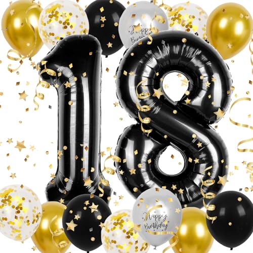 Luftballons 18 Geburtstag Deko Schwarz Gold,Deko 18.Geburtstag Junge Mädchen,18 Geburtstag Deko Junge Mädchen,Folienballon Zahl 18,Deko Konfetti Luftballons für 18Geburtstag Mann Frauen (18) von LXONTSG