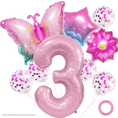 Schmetterling Folienballon,Ballon Anniversaire 3 Ans,XXL Bunt Schmetterlinge Themenballon,Blumen Helium Ballon,Blumen Stern Rosa Luftballons,Schmetterling Folienballon 3 für Kindergeburtstag Deko von LXONTSG