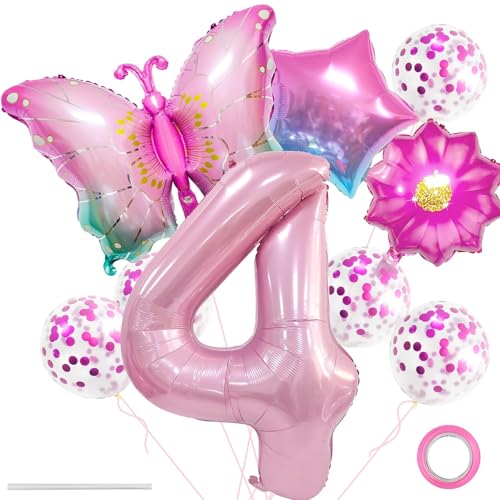 Schmetterling Folienballon,Ballon Anniversaire 4 Ans,XXL Bunt Schmetterlinge Themenballon,Blumen Helium Ballon,Blumen Stern Rosa Luftballons,Schmetterling Folienballon 4 für Kindergeburtstag Deko (4) von LXONTSG