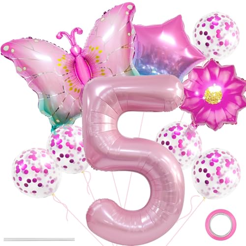 Schmetterling Folienballon,Ballon Anniversaire 5 Ans,XXL Bunt Schmetterlinge Themenballon,Blumen Helium Ballon,Blumen Stern Rosa Luftballons,Schmetterling Folienballon 5 für Kindergeburtstag Deko von LXONTSG