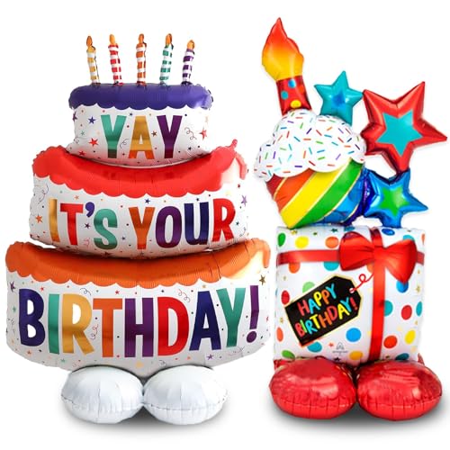 Stehende Happy Birthday Ballons, 2 Stück Stehender Happy Birthday Kuchen Ballon und Geschenk Luftballon Stehend, Happy Birthday Folienballon Stehend, Geburtstagsfeier Dekoration von LXONTSG