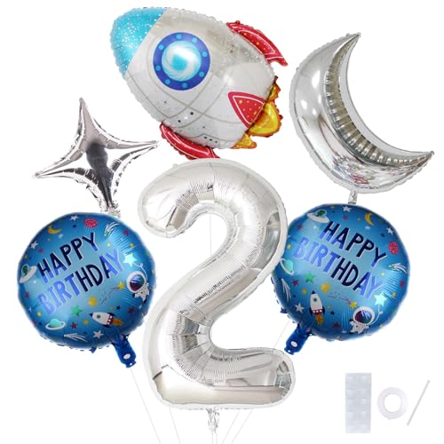Universum Party Luftballons, 6 Stück Weltraum Geburtstag Deko Luftballons, Rakete Geburtstag Ballons, mit Mond, Stern, Zahlen und Runde Folienballon, für Kinder Motto Party(2) von LXONTSG