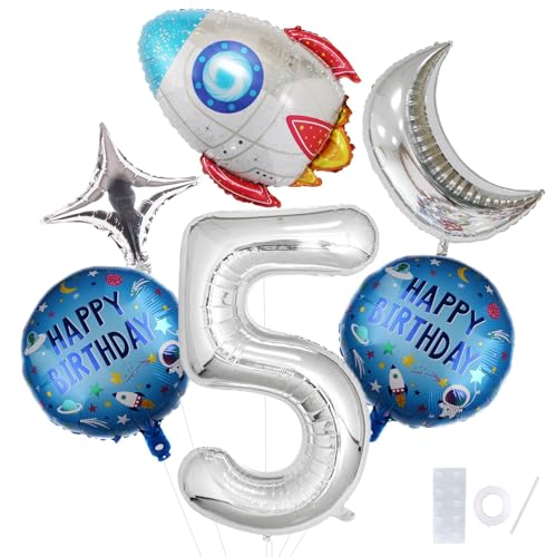 Universum Party Luftballons, 6 Stück Weltraum Geburtstag Deko Luftballons, Rakete Geburtstag Ballons, mit Mond, Stern, Zahlen und Runde Folienballon, für Kinder Motto Party(5) von LXONTSG