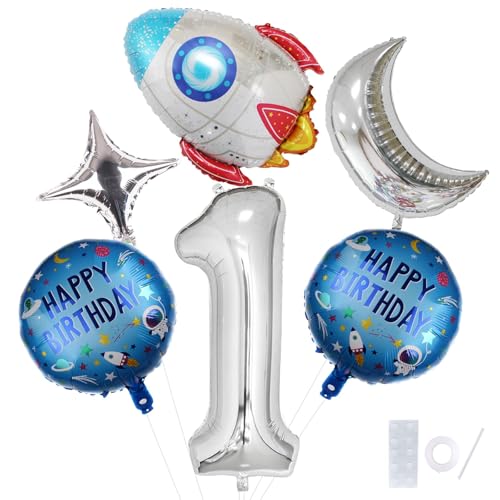 Universum Party Luftballons, 6 Stück Weltraum Geburtstag Deko Luftballons, Rakete Geburtstag Ballons, mit Mond, Stern, Zahlen und Runde Folienballon, für Kinder Motto Party (1) von LXONTSG
