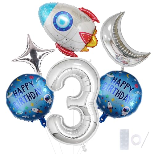 Universum Party Luftballons, 6 Stück Weltraum Geburtstag Deko Luftballons, Rakete Geburtstag Ballons, mit Mond, Stern, Zahlen und Runde Folienballon, für Motto Party(3) von LXONTSG