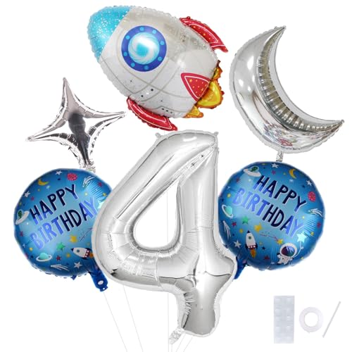 Universum Party Luftballons, 6 Stück Weltraum Geburtstag Deko Luftballons, Rakete Geburtstag Ballons, mit Mond, Stern, Zahlen und Runde Folienballon, für Motto Party(4) von LXONTSG