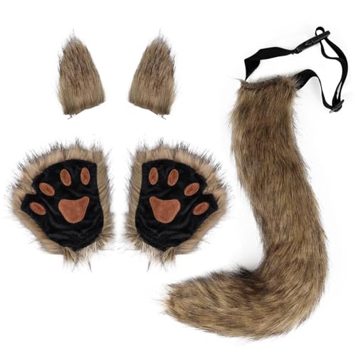 5-Teiliges Wolf Fuchsohren und Schwanz Set,Flauschiger Schwanz Ohren und Pfoten Handschuhe Set Halloween Party Faschingskostüm Halloween Wolf Fuchs Schwanz Clip Ohren,für Kinder oder Erwachsene von LXWINNER