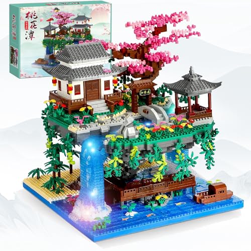 3200Teile Micro Bausteine,Pfirsichblüten Teich Architektur Mini Baustein,Klemmbausteine Haus mit LED,Sakura-Baumhaus-Bausatz für Erwachsene,Modular Architektur Spielzeug Nicht Kompatibel mit Lego Haus von LXWINNER