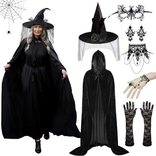 7-teilig Unisex Umhang mit Kapuze,Halloween Hexenhut,Gothic Netzhandschuhe,Halskette,Maske,Ohrringe,Armbänder,Vampir Umhang Samt,Hexenkostüm Damen Halloween,für Halloween Cosplay Maskerade Zubehör 7-teilig Unisex Umhang mit Kapuze,Halloween Hexenhut,Gothic Netzhandschuhe,Halskette,Maske,Ohrringe,Armbänder,Vampir Umhang Samt,Hexenkostüm Damen Halloween,für Halloween Cosplay Maskerade Zubehör von LXWINNER