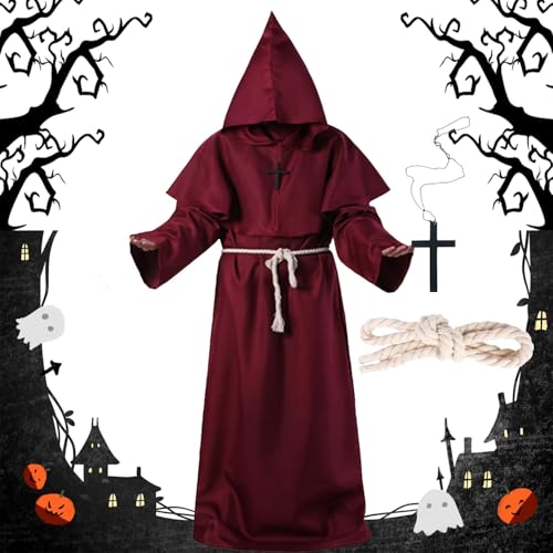 Halloween Mönch Robe, Mönch Robe Kostüm mit Kreuzanhänger und Gürtel, Priester Robe Kostüm, Herren Cosplay Mönchskostüm, Mittelalterliche Kapuze Renaissance Robe für Mottoparty, Halloween, Karneval Halloween Mönch Robe, Mönch Robe Kostüm mit Kreuzanhänger und Gürtel, Priester Robe Kostüm, Herren Cosplay Mönchskostüm, Mittelalterliche Kapuze Renaissance Robe für Mottoparty, Halloween, Karneval von LXWINNER