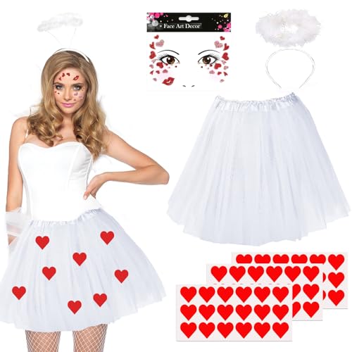 Amor Damen Kostüm,Amor Damen Tüllrock Weiß,Valentinstag Herz Stirnband Pailletten,Face Art Sticker Herzen,Herzchen Tutu Rock, für Valentinstag Karneval Mottoparty Amor Kostüme Accessoires von LXWINNER
