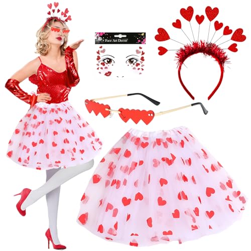 Amor Damen Kostüm,Amor Damen Tüllrock Weiß,Valentinstag Herz Stirnband Pailletten,Face Art Sticker Herzen,Herzchen Tutu Rock, für Valentinstag Karneval Mottoparty Amor Kostüme Accessoires von LXWINNER
