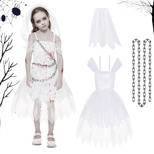 LXWINNER Zombie Kostüm Kinder, Blutiger Brautschleier, Blutige Horror Braut Kostüm, Geisterbraut Kostüm Kinder, Damen Zombie-Braut Kostüm, Halloween Kleidung mit Blutigem Party, Karneval, Cosplay von LXWINNER