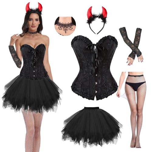 Engel und Teufel Kostüm,Gothic Corsage Korsett und Tüll Rock,Teufel Kostüm Damen mit Heiligenschein,Spitzenstrümpfe,Spitze Halsketten und Handschuhe,Halloween Kostüm Damen für Karneval Cosplay Party von LXWINNER