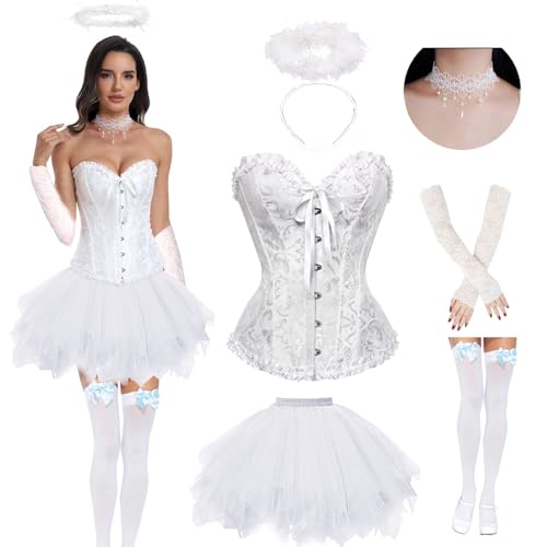 Engel und Teufel Kostüm,Gothic Corsage Korsett und Tüll Rock,Teufel Kostüm Damen mit Heiligenschein,Spitzenstrümpfe,Spitze Halsketten und Handschuhe,Halloween Kostüm Damen für Karneval Cosplay Party von LXWINNER