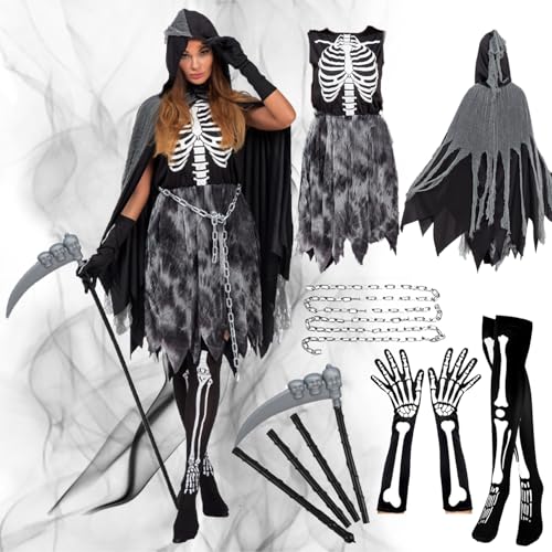 Sensenmann Mädchen Kostüm,Halloween Sensenmann Robe Set mit Sensenmann Umhang,Sense,Kapuzengewand,Taillenkette,Skelett Handschuhe,Socken,Halloween Kostüm Gruselig für Halloween,Cosplay,Karneval von LXWINNER
