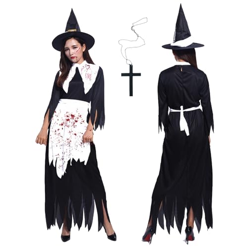 Horror Halloween Nonne Kostüm, Halloween Nonnen Kostüm Damen Hexe mit Kreuzkette, Hexenhut, Schürzen, Karneval Kostüm Damen Nonne, Kostüm und Zubehör für Erwachsene für Partys, Karneval und Halloween von LXWINNER