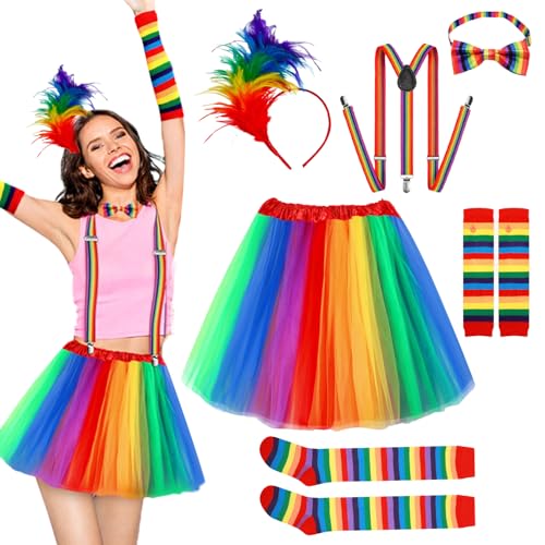 Regenbogen Kostüm Damen, Regenbogen Rock Damen Tüll, Bunt Feder Stirnband, Kniestrümpfe Damen Bunt, Fingerlose Handschuhe, Mottoparty 80er Jahre Outfit, für Karneval, Halloween, Fasching, Mottoparty von LXWINNER