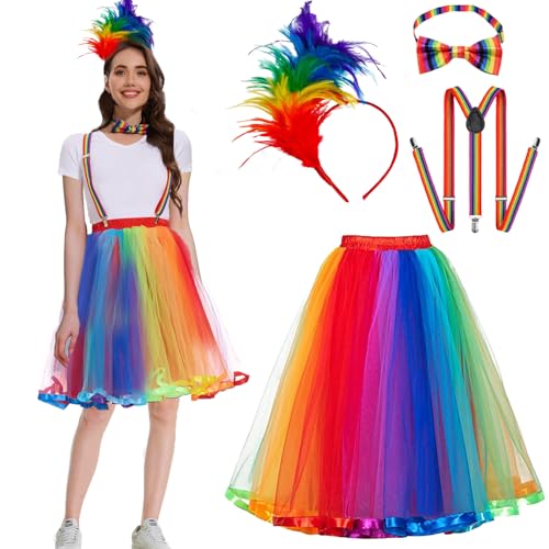 LXWINNER Regenbogen Kostüm Damen, Regenbogen Tüllrock, Bunt Feder Stirnband, Regenbogen Rock Damen Tüll, Tütü Damen, Mottoparty 80er Jahre Outfit, Regenbogen Kostüme Fasching für Karneval Party von LXWINNER