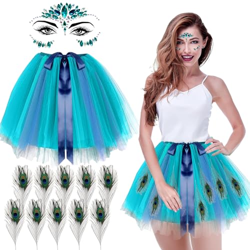Damen Pfau Kostüm, Blau Grün Pfau Tutu Rock, 10 Pfauenfedern, Gesicht Strasssteine, Pfau Kostüm Accessoires, Karneval Pfau Rock, Pfau Kostüm für Fasching Karneval Mottoparty Kostüm Accessoires von LXWINNER