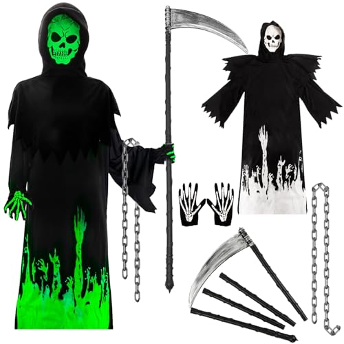 LXWINNER Sensenmann Kostüm Kinder,Halloween Sense und Handschuhe,Sensenmann Scream Kostüm für Kinder,Halloween Kostüm Zombie Kostüm Kinder Jungen mit Sense für Halloween,Karneval,Fasching,Mottoparty von LXWINNER