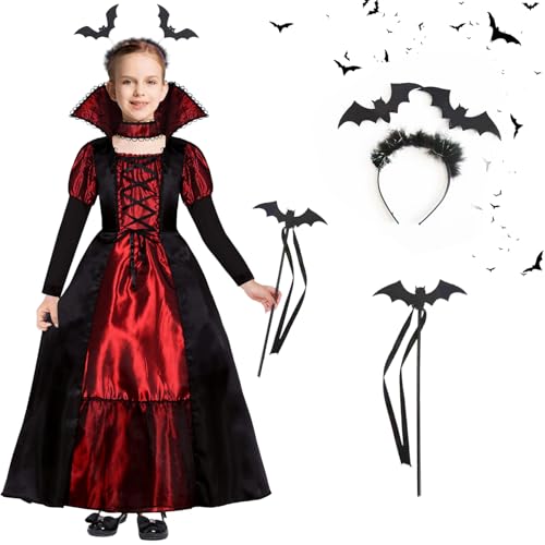 Vampir Kostüm für Mädchen - Gothic Schwarz Rot Prinzessin Kleid, Königin Outfit, Halloween Mittelalter Kinderkostüm für Karneval Party von LXWINNER