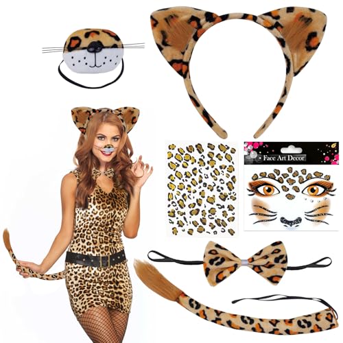 LXYYDS 6 Stück Leopard Kostüm Set, Leopard Tier Kostüm Zubehör, Leopard Ohren Haarreif, Leoparden Schwanz Fliege, Leoparden Tattoo Gesicht, Für Halloween Karneval Mottoparty Damen Kinder Kostüm LXYYDS 6 Stück Leopard Kostüm Set, Leopard Tier Kostüm Zubehör, Leopard Ohren Haarreif, Leoparden Schwanz Fliege, Leoparden Tattoo Gesicht, Für Halloween Karneval Mottoparty Damen Kinder Kostüm von LXYYDS