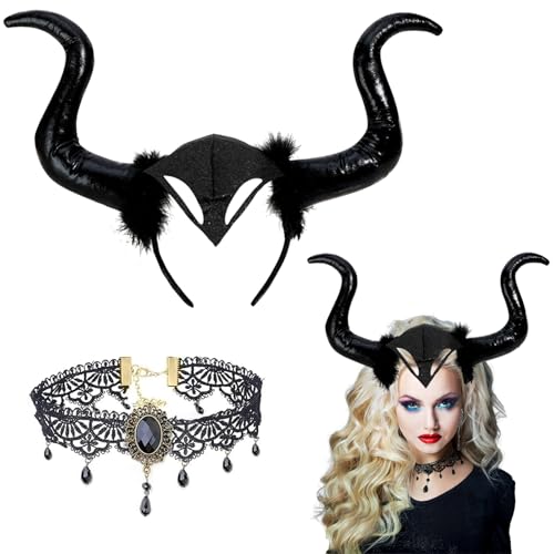 LXYYDS Königin Hörner Halloween, Hörner Teufel Kopfschmuck mit Gothic Spitze Halskette, Böse Haarreif, Hörner Kopfschmuck, Böse Kopfbedeckung, für Fasching Cosplay Maskerade Halloween LXYYDS Königin Hörner Halloween, Hörner Teufel Kopfschmuck mit Gothic Spitze Halskette, Böse Haarreif, Hörner Kopfschmuck, Böse Kopfbedeckung, für Fasching Cosplay Maskerade Halloween von LXYYDS