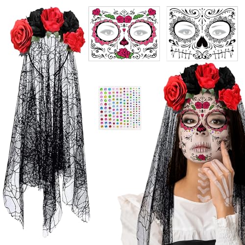 Tag der Toten Schleier Halloween, Damen Tag der Toten Haarschmuck, Halloween Haarschmuck, mit 2 Gesichtstattoos 1 Kristallaufkleber, Dia de Muertos Haarreif für Halloween, Halloween Cosplay Party Tag der Toten Schleier Halloween, Damen Tag der Toten Haarschmuck, Halloween Haarschmuck, mit 2 Gesichtstattoos 1 Kristallaufkleber, Dia de Muertos Haarreif für Halloween, Halloween Cosplay Party von LXYYDS