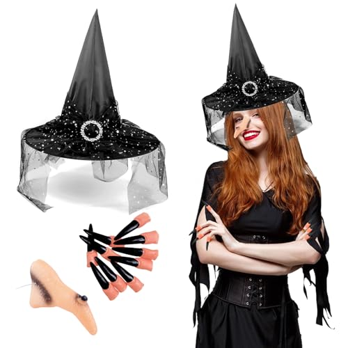 LXYYDS Hexe Hut Kostüm Set, Halloween Schwarz Hexenhut, Partei Hexenhut Spitzmütze con Hexennase, langen nägeln, Hexenhut Halloween, Halloween Partei Hexenhut, für Karneval Halloween Cosplay LXYYDS Hexe Hut Kostüm Set, Halloween Schwarz Hexenhut, Partei Hexenhut Spitzmütze con Hexennase, langen nägeln, Hexenhut Halloween, Halloween Partei Hexenhut, für Karneval Halloween Cosplay von LXYYDS