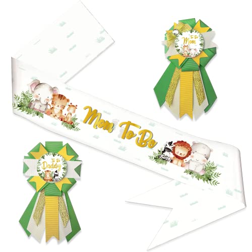 Safari Jungle Babyparty Schärpe für Babyparty, Mom to be Sash Jungle Animal Neutral Mom to Be & Daddy to Be Corsage inkl. Gold Glitter Buchstaben Schärpe Safari Jungle Babyparty Schärpe für Babyparty, Mom to be Sash Jungle Animal Neutral Mom to Be & Daddy to Be Corsage inkl. Gold Glitter Buchstaben Schärpe von LXlucktim
