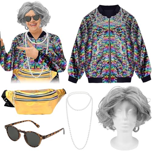 5 x alte Damenkostüm, Oma-Perücke für Damen, Perlenkette, Paillettenjacke, Oma, Brille, Lasertasche für Halloween, Cosplay, Party von LYCN