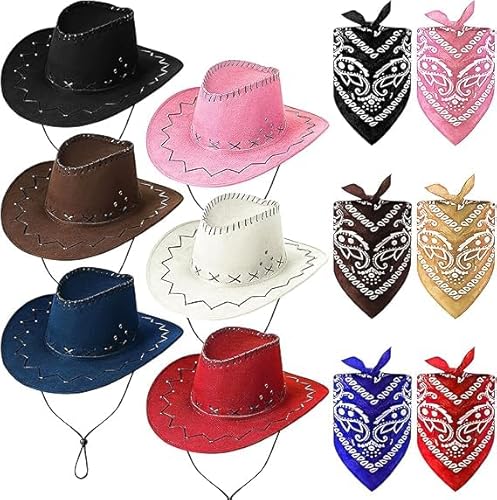 6er Cowboyhut mit 6er Bandana, Mehrfachpack Cowboyhüte Western Cowboyhüten für Damen und Herren, Cowgirl Hut mit verstellbarem Gurt Cowboy Partyhüte im Set für Cowboy-Mottopartys Reitpferde Reisen von LYCN
