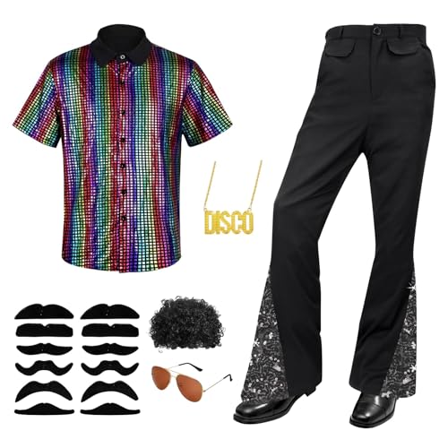 Herren 70er Jahre Disco Kostüm Retro Hemd Glockenunterteil Hose Perücke Sonnenbrille Halskette Perückenkappe für Disco Party Halloween (groß) von LYCN