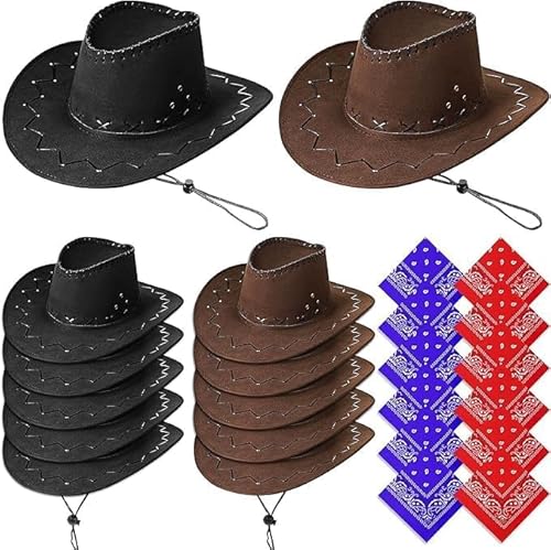 LYCN 12 Stück Cowboyhut mit 12 Bandanas, Filz Cowboyhüte Western Cowboyhüten Mehrfachpack für Damen und Herren mit verstellbarem Gurt zum Verkleiden, Feiern, Party, Cosplay (6 Braun＋6 Schwarz) von LYCN