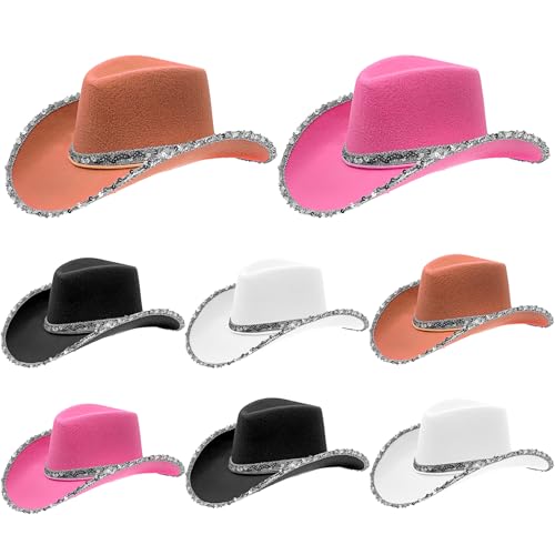 LYCN 8er Pack Cowboyhut mit Pailletten, Cowgirl Verkleidungshut mit Glitzerrand, Filz Westernhut mit Verstellbarem Kinnriemen für Kostümpartys (4 Farben) von LYCN