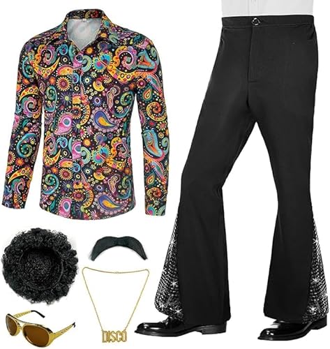 LYCN Herren 70er-Jahre Disco-Outfit, Kostüm, Glockenunterteil, Hose, Hemden, Perücke, Halskette, Schnurrbart, Sonnenbrille für Disco-Party, Halloween, Größe XL, 6 Stück LYCN Herren 70er-Jahre Disco-Outfit, Kostüm, Glockenunterteil, Hose, Hemden, Perücke, Halskette, Schnurrbart, Sonnenbrille für Disco-Party, Halloween, Größe XL, 6 Stück von LYCN