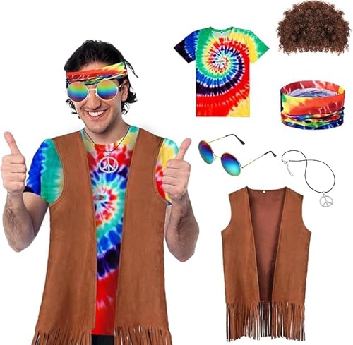 LYCN Hippie-Kostüm für 70er Jahre, inklusive Batik-T-Shirt, Fransen, Weste, Stirnband, Friedenszeichen, Halskette, Sonnenbrille, Perücke für Halloween, Cosplay, Party, 6 Stück LYCN Hippie-Kostüm für 70er Jahre, inklusive Batik-T-Shirt, Fransen, Weste, Stirnband, Friedenszeichen, Halskette, Sonnenbrille, Perücke für Halloween, Cosplay, Party, 6 Stück von LYCN